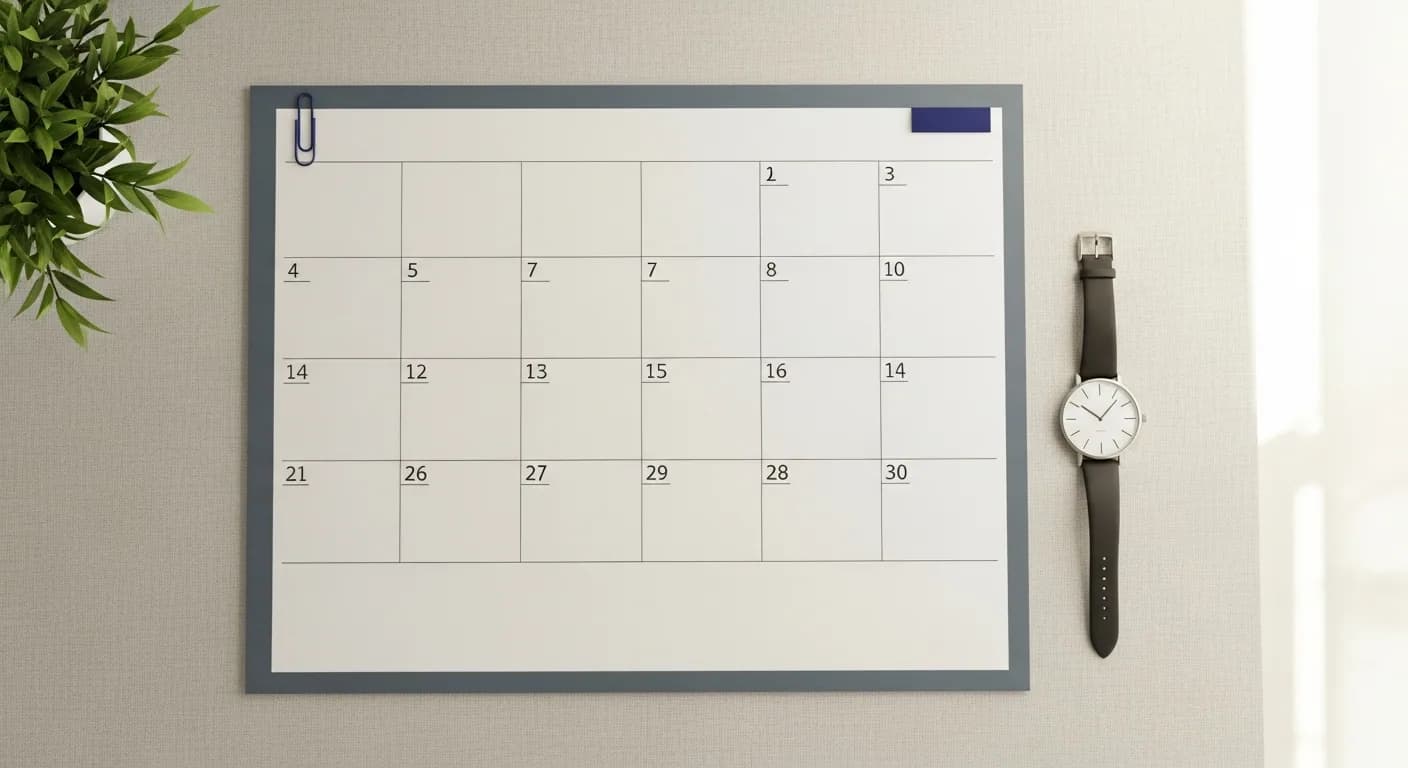Calendar and clock on a desk.
