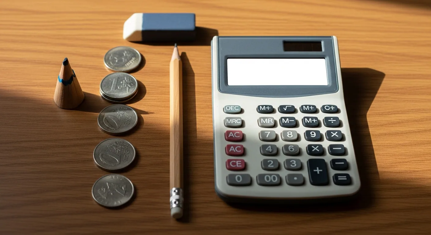 Calculator and coins on a wooden desk.